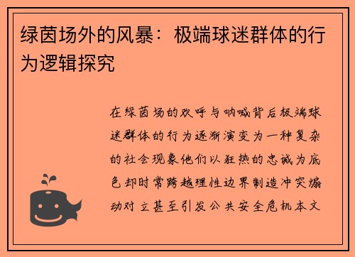 绿茵场外的风暴：极端球迷群体的行为逻辑探究