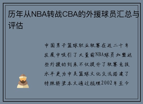 历年从NBA转战CBA的外援球员汇总与评估